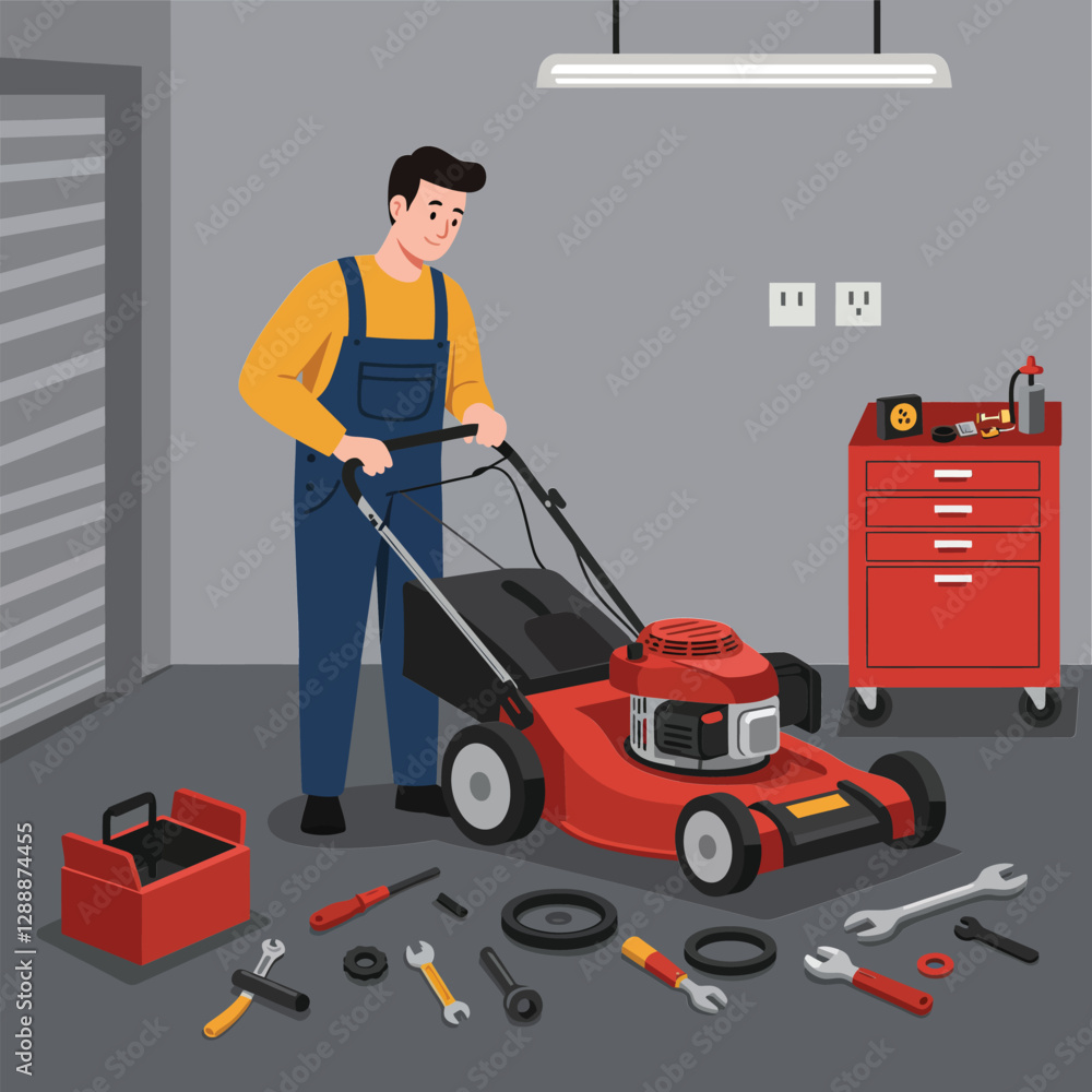 Poster man operating a lawn mower surrounded by tools in a workshop setting