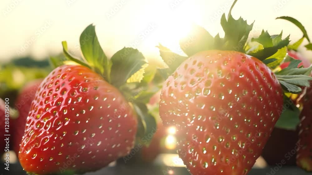 Poster close-up of vibrant red strawberries with tiny seeds standing neatly in rows at a local market, stat