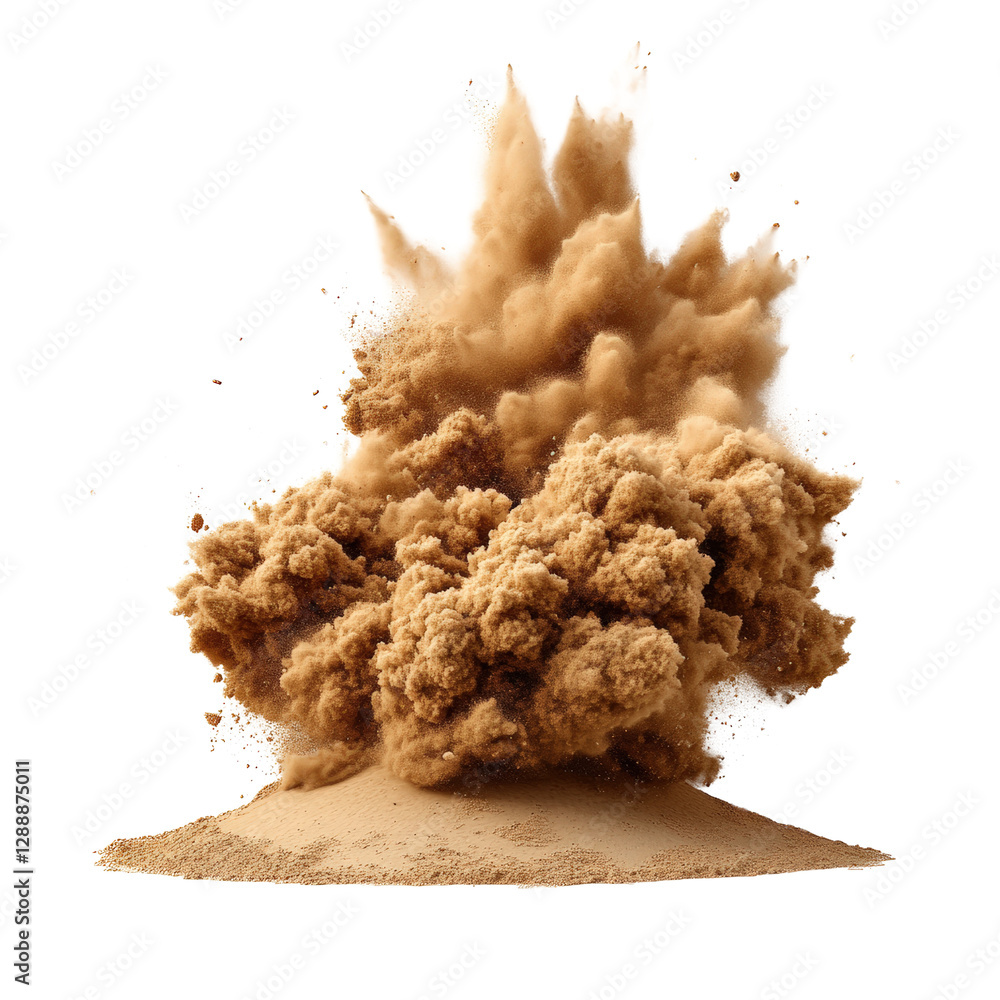 Poster Close up of a large pile of fine sandy beach sand with a smooth texture and warm color tones isolated on transparent background..
