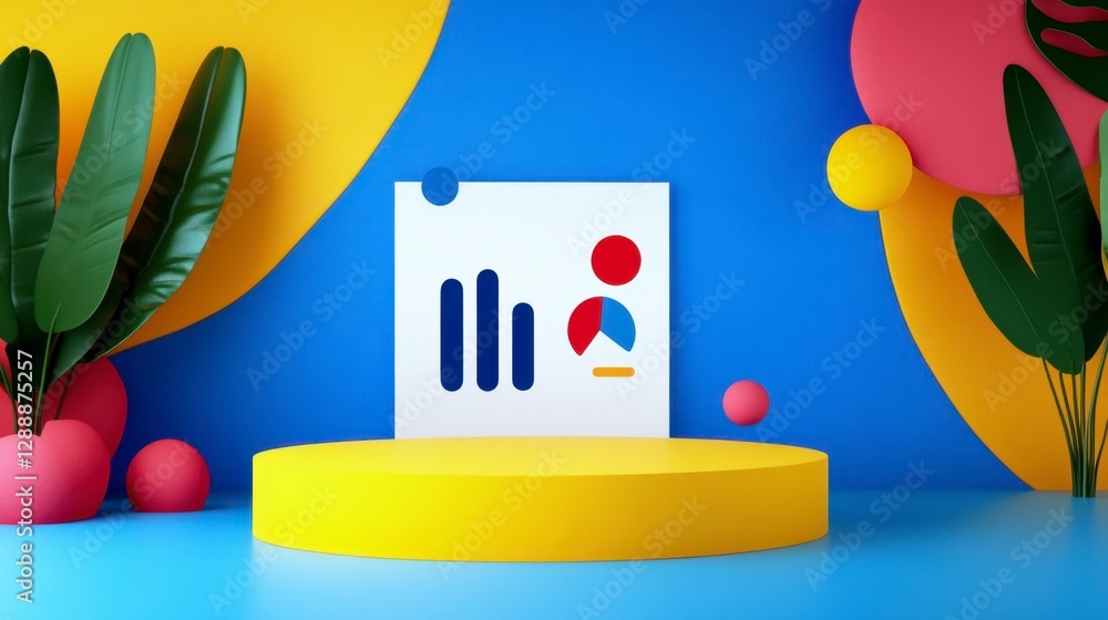 Poster vibrant 3d rendering of data charts on a yellow podium, surrounded by colorful abstract shapes and t