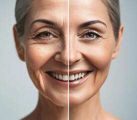 Mature woman posing before and after facelift, with face fitness results, showcasing plastic surgery transformation, against a neutral background