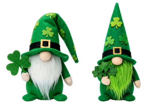 Two St. Patrick's Day Gnomes Holding Clovers Against Transparent Background.