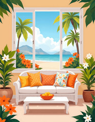 Tropical beach view from bright orange terrace with potted plants