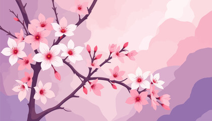 Fototapeta premium Watercolor cherry blossoms on pale pink background