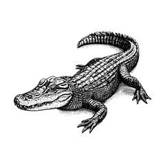 Reptile illustration, hand-drawn alligator in vintage engraving style, black sketch effect, antique art, wildlife print design, predator vector, nature-inspired artwork