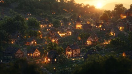 Obraz premium Enchanting Sunset Over a Quaint Village with Rustic Houses and Warm Glowing Lights in a Picturesque Landscape