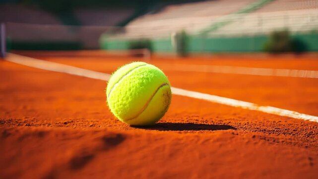A vibrant yellow tennis ball sits on the clay court near the baseline. The textured surface and white lines contrast with the blurred background of the net and stadium seating.