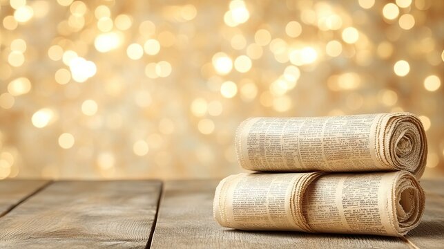 Rolled newspapers on wood, bokeh background; news, information, current events, vintage