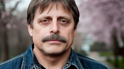 Fototapeta premium Close up portrait of a man with a mustache, covered in light snow or dust, wearing a denim jacket. Soft focus background with blurred pink blossoms