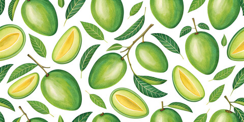 Naklejka premium Tropical Green Mangoes Seamless Pattern: A vibrant seamless pattern featuring fresh, green mangoes and leaves, creating a refreshing and appetizing design.