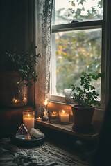 A modern Wiccan altar in a cozy apartment, featuring a pentagram, candles, crystals, and a small potted plant, with soft natural light coming through a window.
