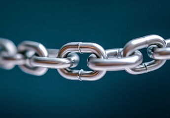Obraz premium Close up view of a metallic chain, showing individual links and a shallow depth of field. The chain is brightly lit against a dark background. Focus