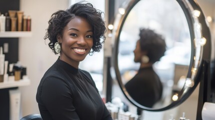 Hair restoration success story with a client smiling in a chic salon. Featuring transformation and confidence