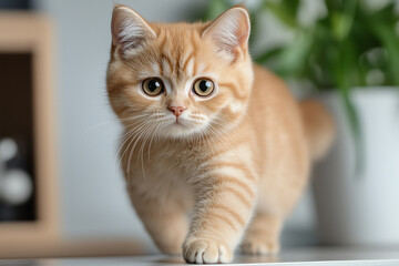  A curious orange British Shorthair kitten walks confidently, its big eyes exploring the world around it.
