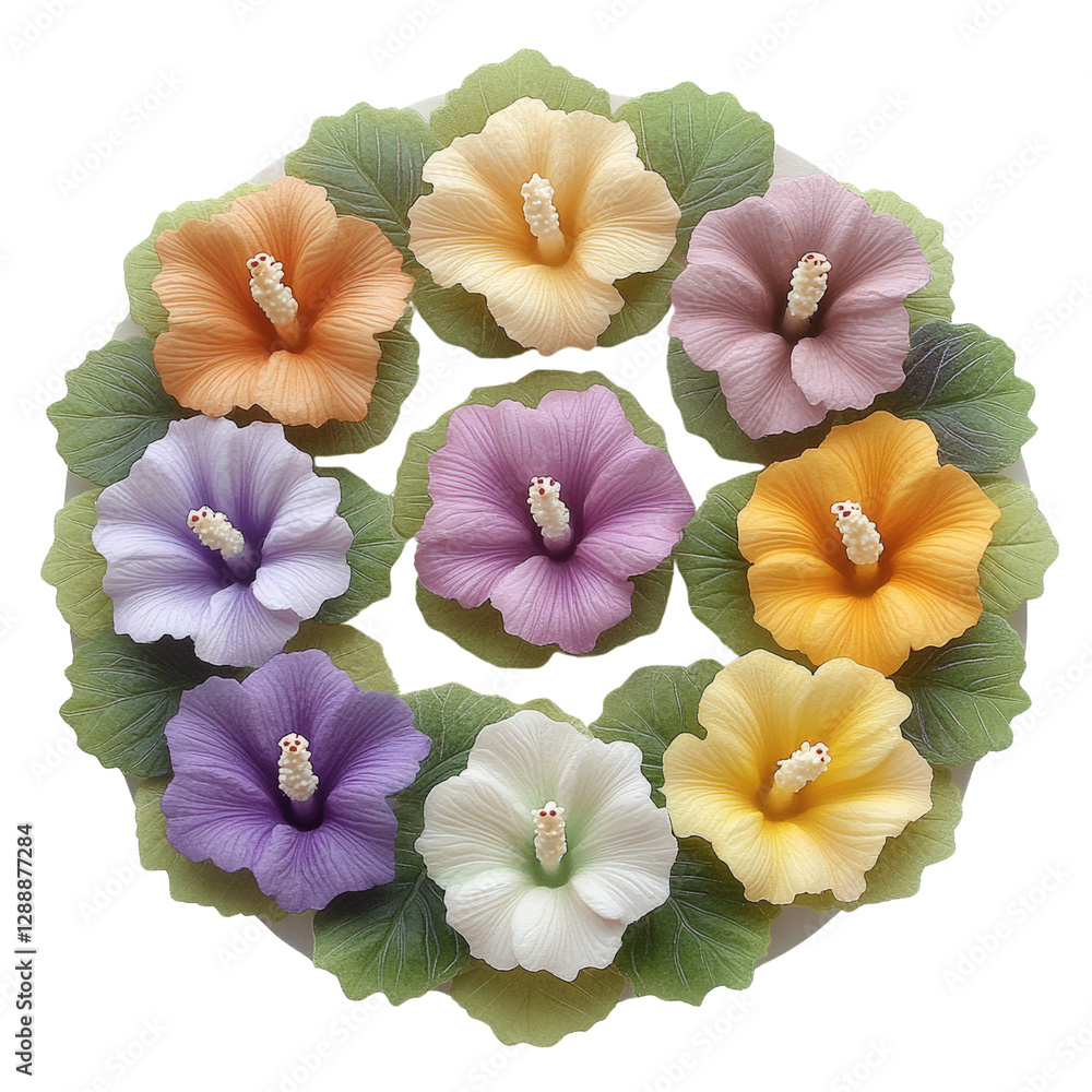 Poster circle of colorful flowers and leaves arranged on a black background creating a vibrant floral compo