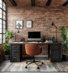 Modern Home Office Setup with Stylish Decor and Brick Wall Design