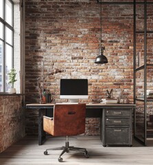 Modern Industrial Office Space with Brick Wall and Stylish Furniture