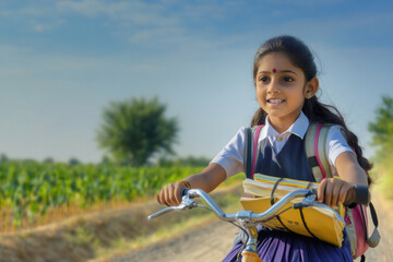 Obraz premium indian villager schoolgirl going to school on cycle