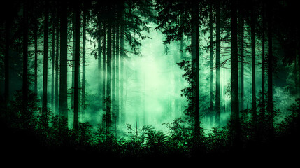 Obraz premium Eerie green forest mist, trees, path, mystery, background, for fantasy