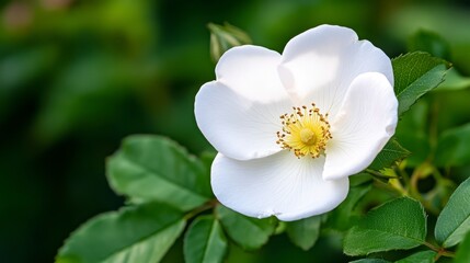Fototapeta premium Close up of a single white rose blossom with yellow center, green leaves, and soft natural light. The background is blurred, focusing attention on