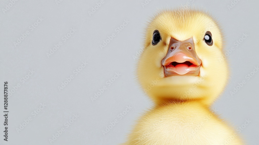 Poster close up of a fluffy yellow duckling against a light gray background. the duckling's expression is c