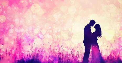 Romantic couple silhouette against soft pastel bokeh background at sunset