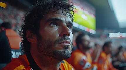 Pensive soccer player bench, stadium, game, anticipation.