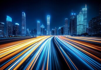 Fototapeta premium Night cityscape with vibrant light trails on a highway, showcasing modern skyscrapers and city lights. Blue and gold light streaks dominate the