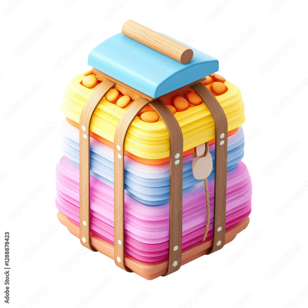 Poster colorful stack of paper sheets with wooden handles arranged neatly on a flat surface isolated on tra