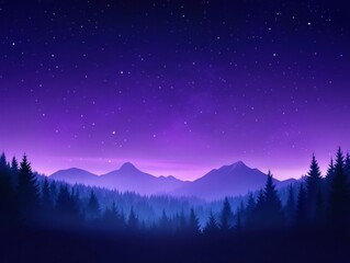 Fototapeta premium Night landscape of a forest with mountains under a clear, starry, purple sky. Forest's night glow
