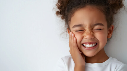 A young child clutching their cheek, wincing in pain, possibly from a toothache or dental issue.