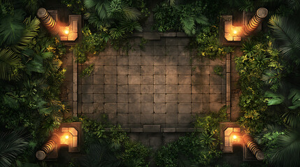 Obraz premium Jungle Temple Battle Game Board Aerial View of Stone Gameboard with Torches for Fantasy Strategy Game Design Illustration High Resolution Image