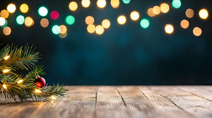 Christmas Decoration on Wooden Table with Festive Lights and Bokeh