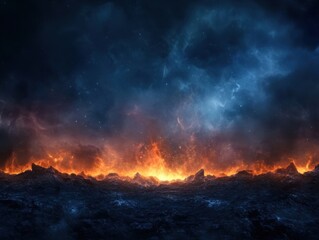 Naklejka premium Fiery cosmic landscape with intense flames rising against a backdrop of swirling nebula clouds