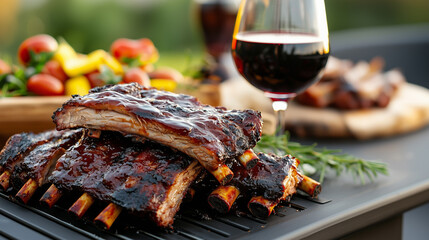 Juicy, glazed barbecue ribs on a grill, served with a glass of red wine and fresh vegetables.