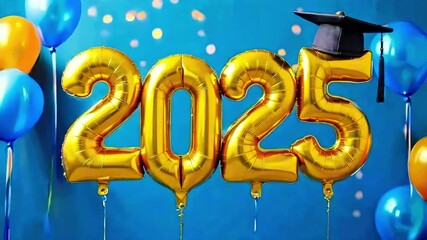 Slow motion falling confetti. Gold text made from air balloon "2025" with graduation hat with tessel and confetti on blue background. Theme of graduation concept