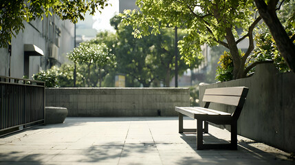 Obraz premium Empty Wooden Bench in a Sunny Urban Park