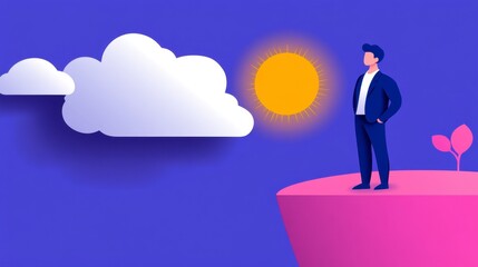 Businessman standing on a cliff, looking at a bright sun and clouds in a paper cut style illustration. Purple, pink, and yellow color palette