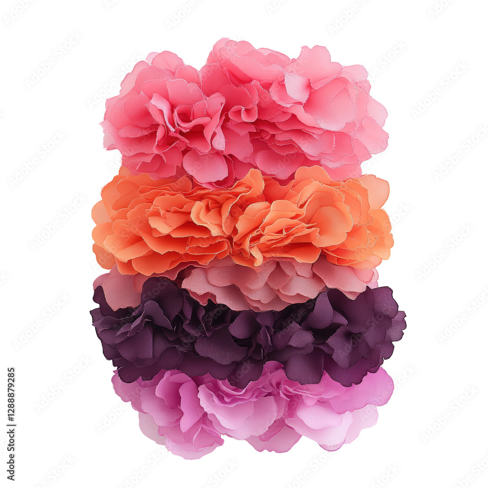 Poster bunch of pink and orange flowers in a natural setting with green leaves and soft background isolated
