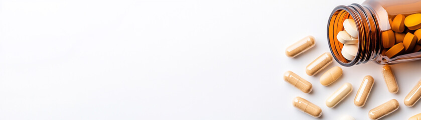 A close-up of dietary supplements spilling from a glass jar on a clean surface.