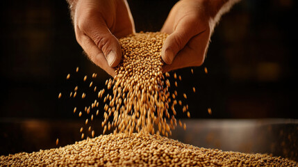 Close-up of malt being milled before brewing, showcasing the texture and preparation process for beer production.