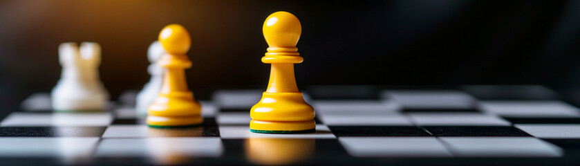 A close-up of vibrant yellow chess pieces on a classic black and white board.