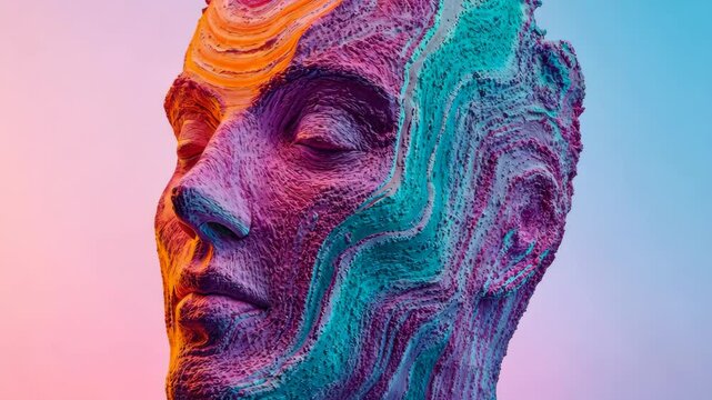 Colorful abstract sculpture of a human head with intricate details set against a gradient background