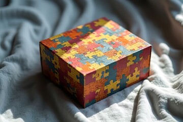 Obraz premium Colorful Puzzle Box on Light Fabric - A Thought-Provoking Design