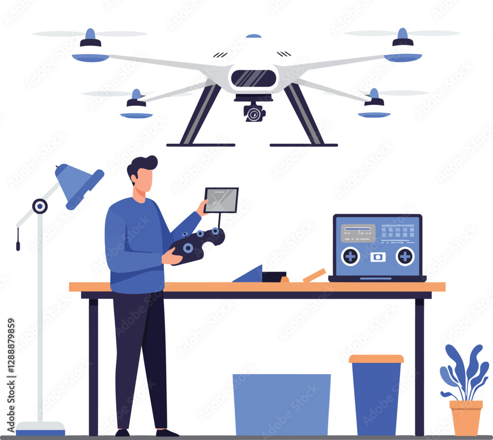 Poster man operating a drone while standing at a work table with tools and equipment