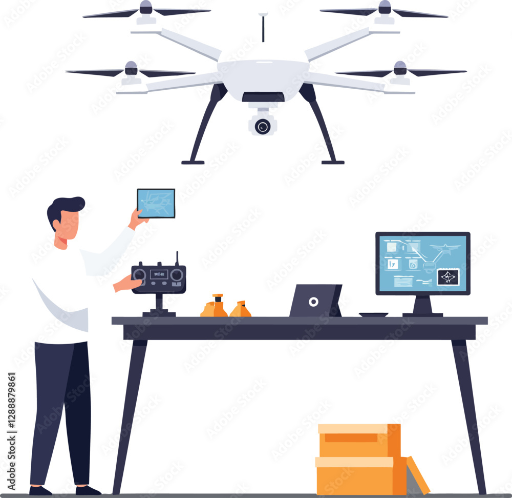 Poster professional man operating a drone while analyzing data on a computer screen