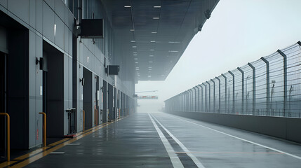 Rainy Day at the Race Track Pit Lane