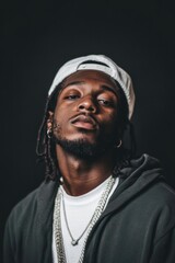 Obraz premium A powerful portrait of a young man wearing a cap, showcasing a confident look that reflects strength and individuality, emphasizing modern urban culture and self-expression.