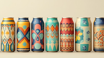 A collection of high-fidelity beer cans featuring unique labels in a visually appealing arrangement.