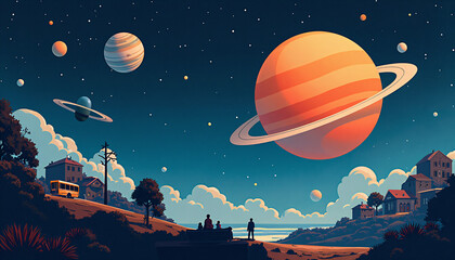 Naklejka premium a couple standing on a hill looking at the planets in the sky.